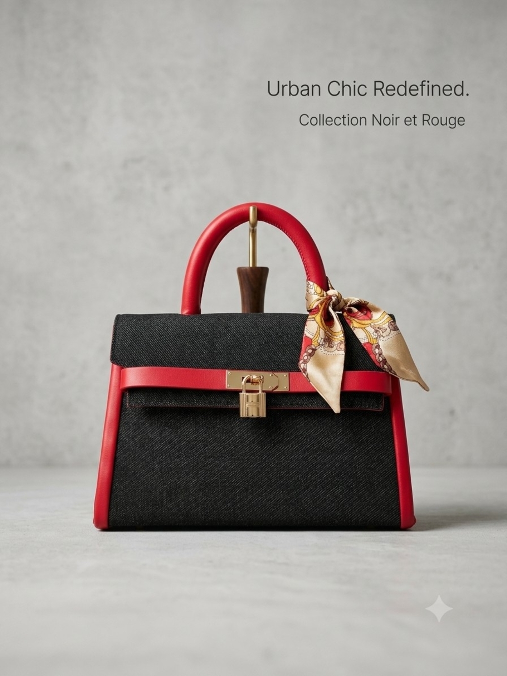 Black and Red Structured Top-Handle Bag with Silk Scarf